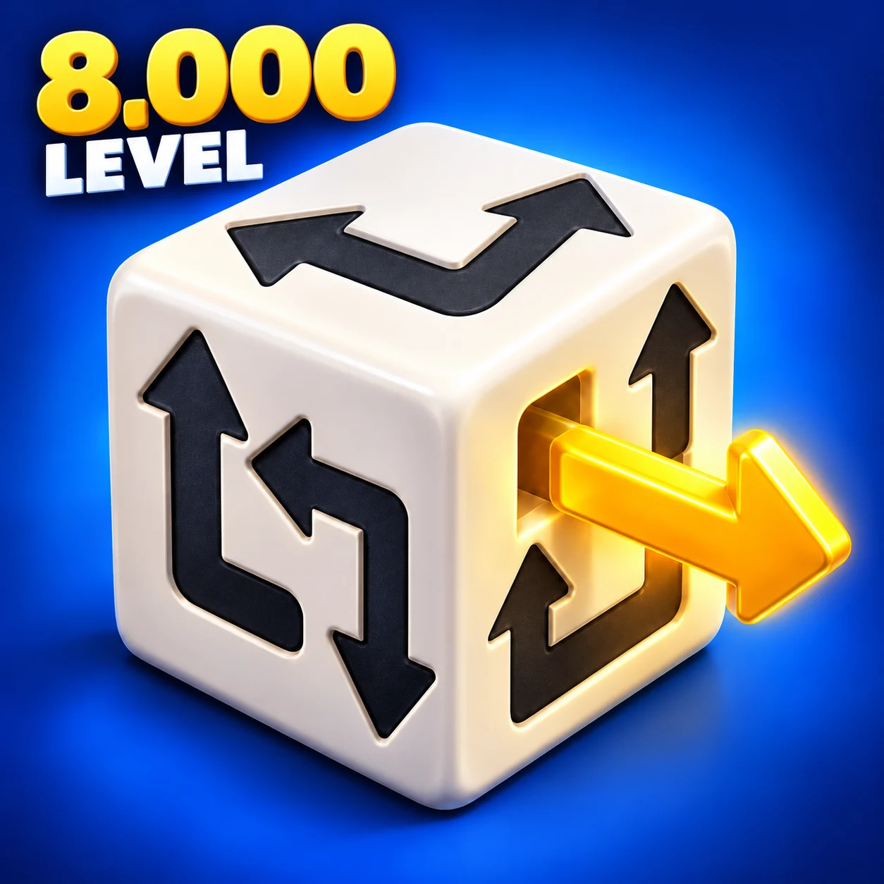 Titelbild von Arrow Cube 3D: weißer Würfel mit schwarzen Pfeilen, ein goldener Pfeil fliegt heraus, dazu der Text 8.000 LEVEL