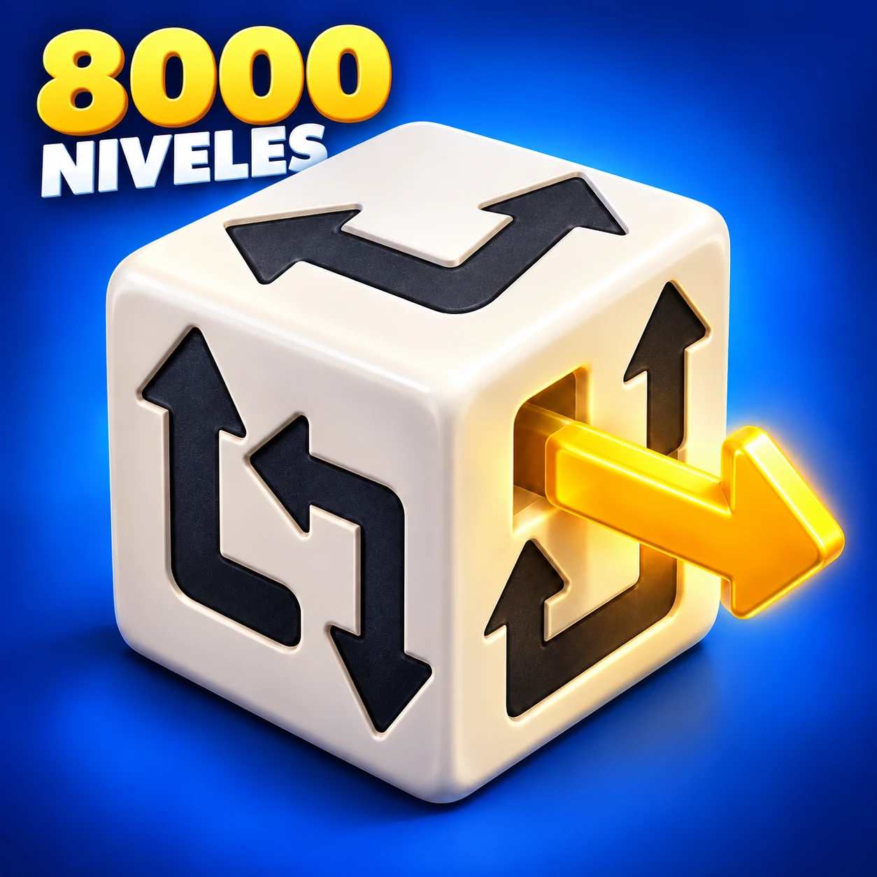Portada de Cubo de flechas 3D: cubo blanco con flechas negras, una flecha dorada saliendo y el texto 8000 NIVELES