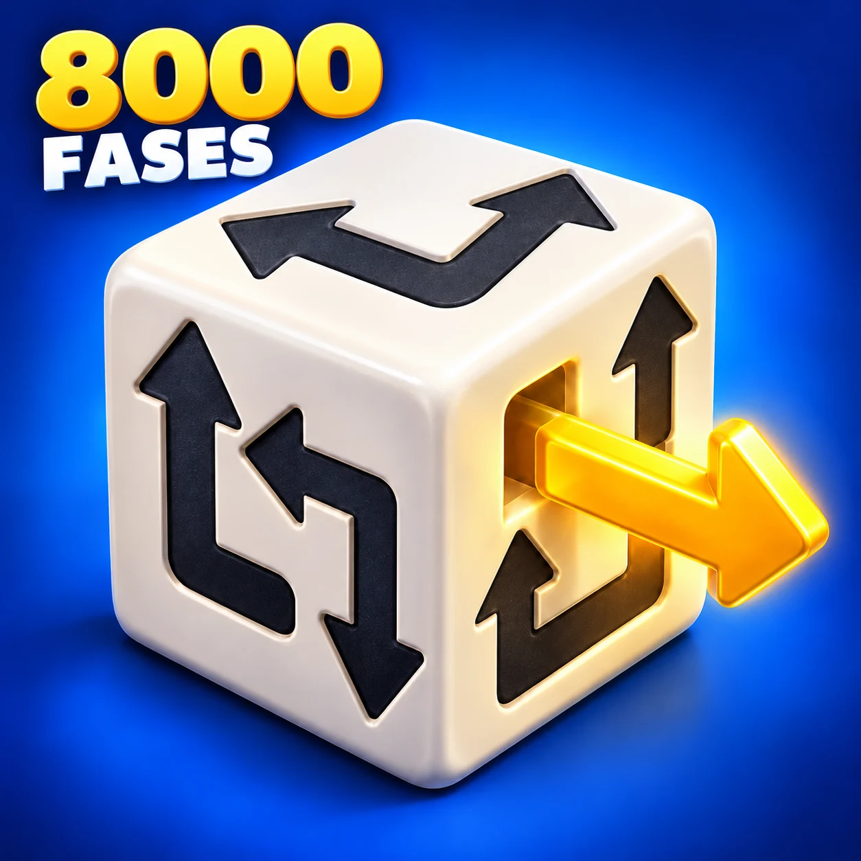 Capa de Arrow Cube 3D: cubo branco com setas pretas, uma seta dourada saindo e o texto 8000 FASES