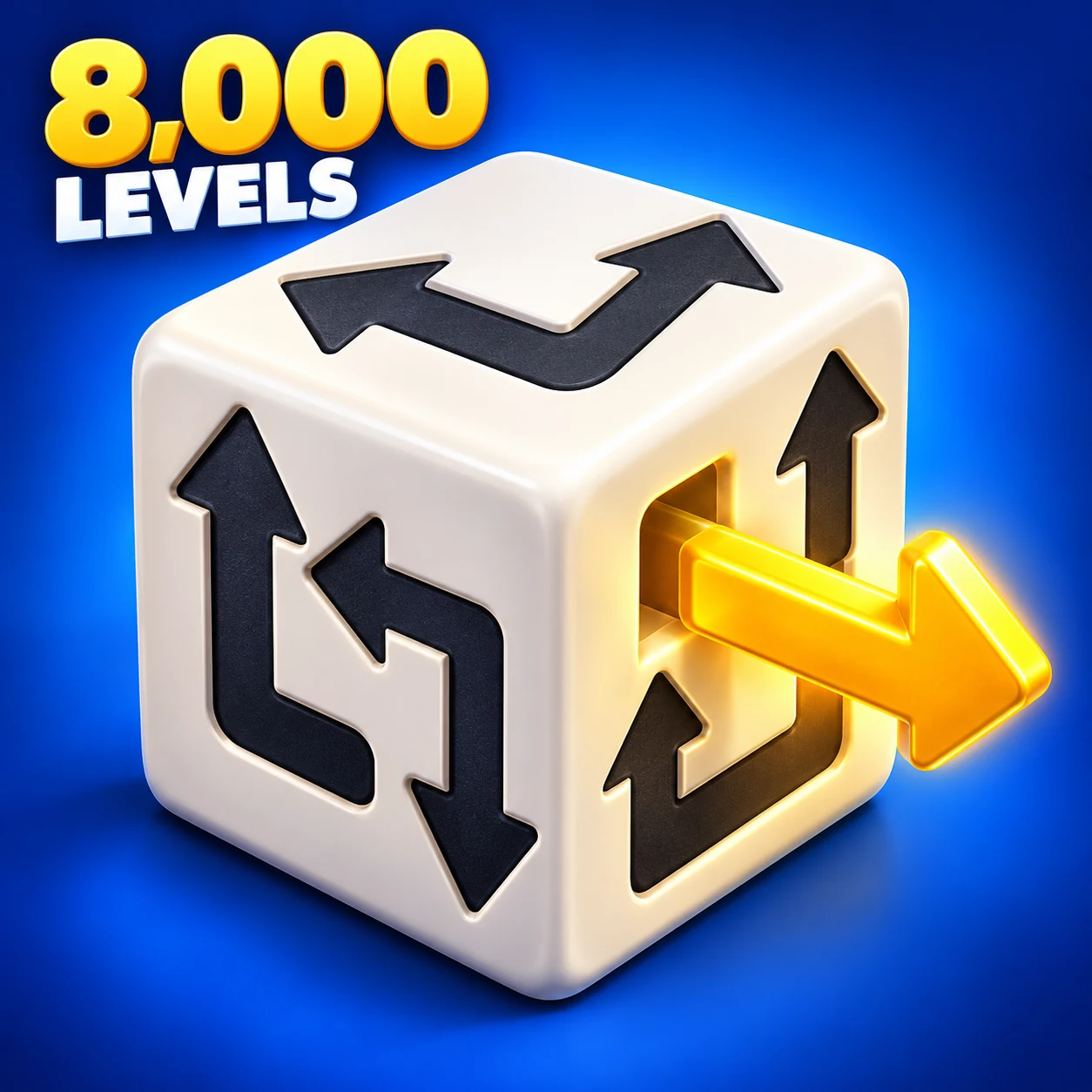 Arrow Cube 3D cover art: a white cube with black arrow paths and a glowing gold arrow, labeled 8,000 levels