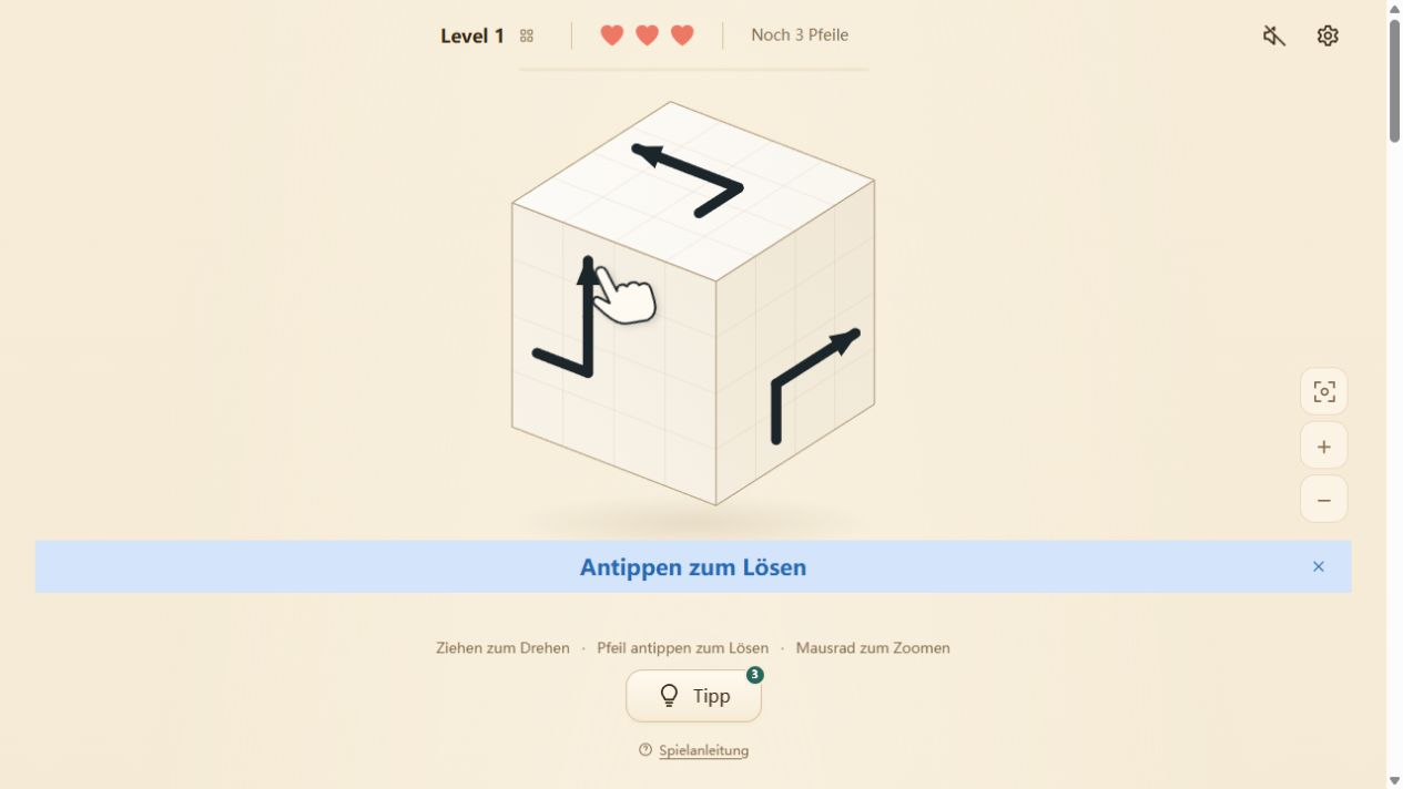Erstes Level von Arrow Cube 3D auf Deutsch mit drei Pfeilen auf den sichtbaren Seiten und einer Anleitung zum Antippen
