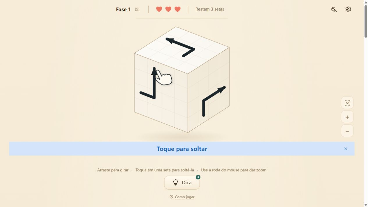 Primeira fase de Arrow Cube 3D em português, com três setas nas faces visíveis e uma demonstração de como soltá-las