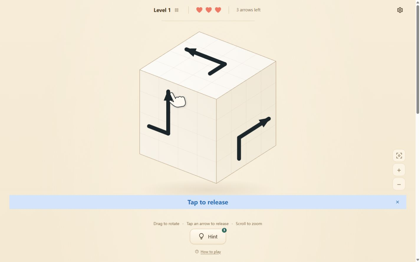 Level 1 of Arrow Cube 3D, with three black arrows and a tap-to-release tutorial