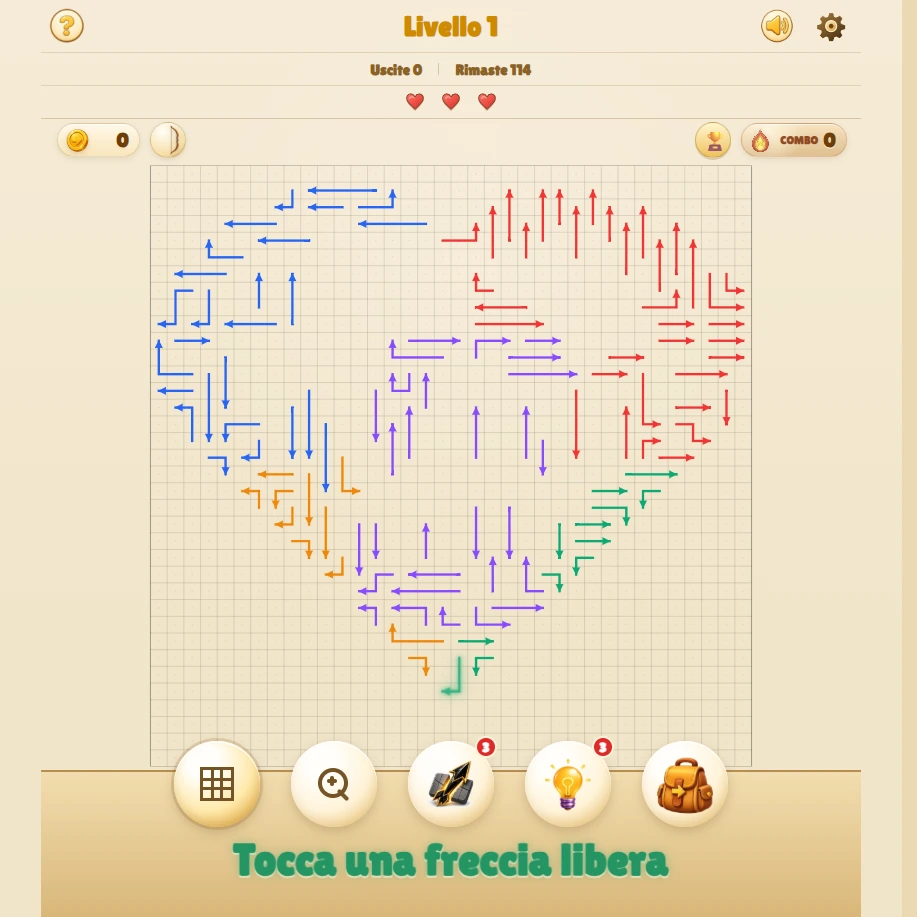 Arrow Game in italiano: frecce colorate, cuori e comandi del gioco