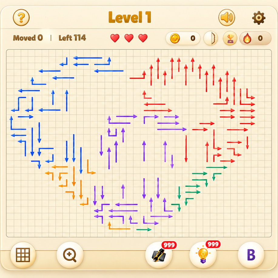 Arrow Game met een kleurrijk pijlenpuzzelbord en de spelbediening