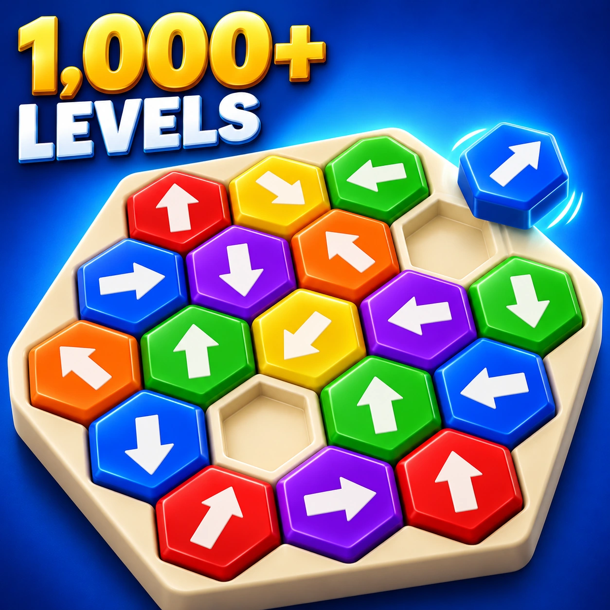 Hex Arrow Game cover art: colorful hexagonal arrow tiles on a blue background, labeled 1,000+ levels