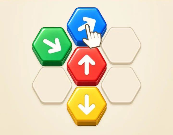 Level 1 with blue above red, green to the left and yellow below; the hand points to blue.