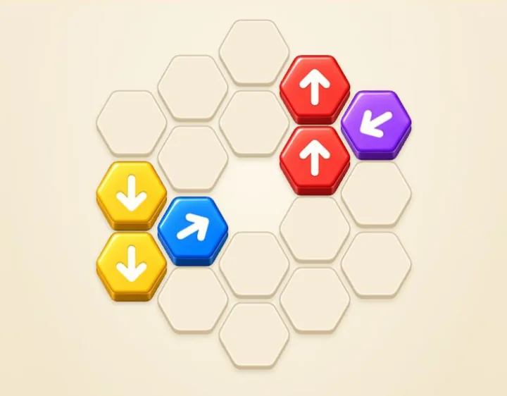 Level 2 with six colored arrows on a hexagonal board surrounding a missing center platform.
